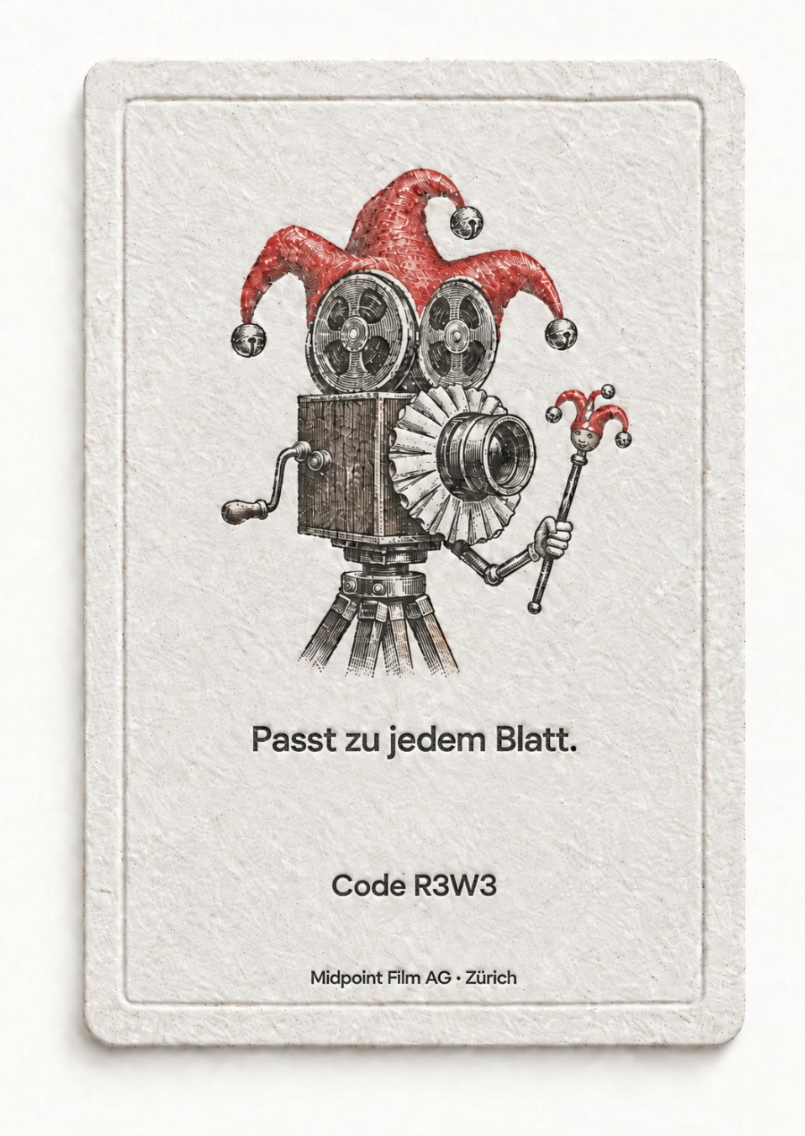 Rückseite: eine Filmkamera als Joker verkleidet. Passt zu jedem Blatt. Code R3W3.